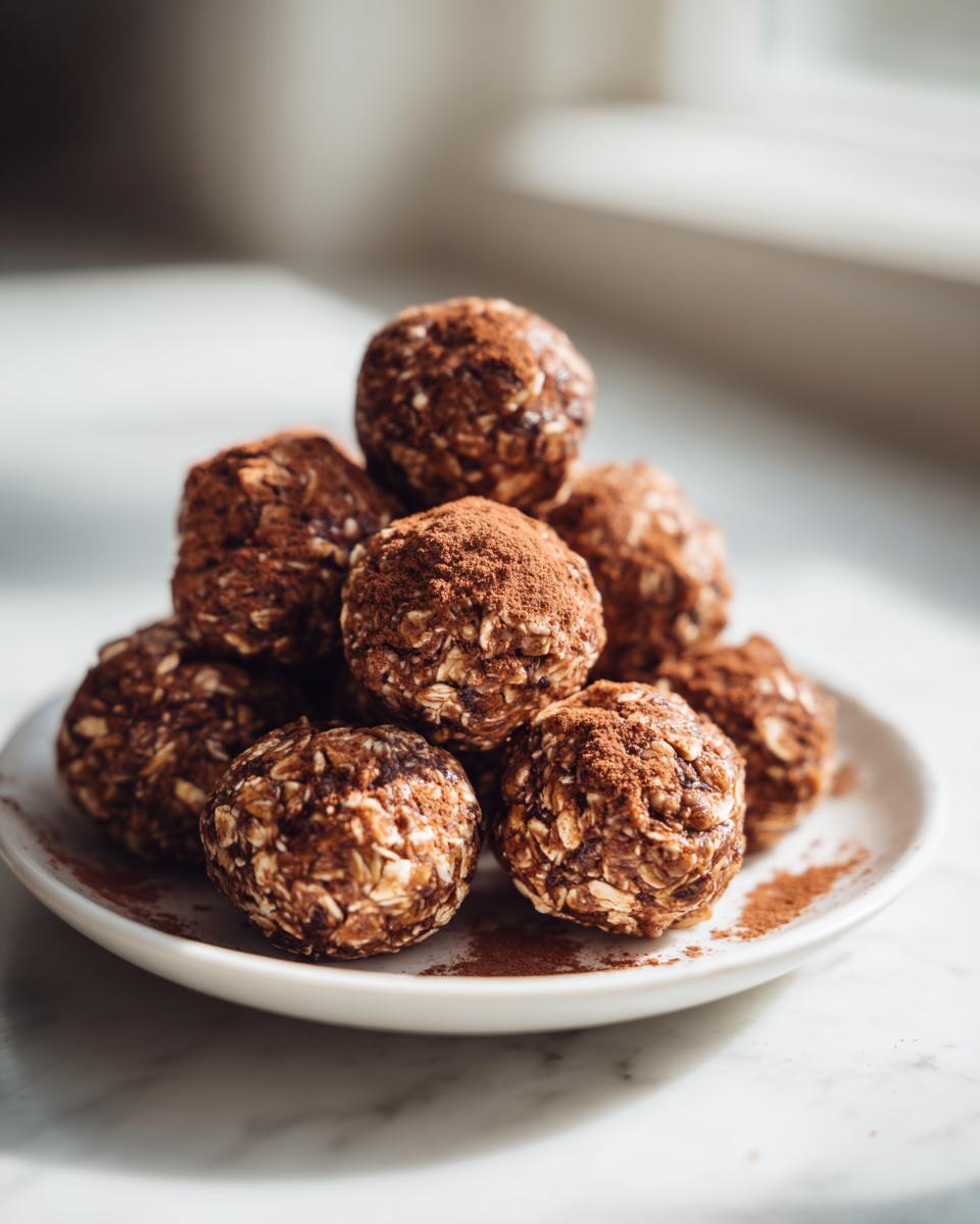 A stack of homemade chocolate protein balls made with visible oats, dusted heavily with cocoa powder.