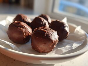 A close-up, sunlit photo of several rich, chocolate-coated oreo balls resting on white parchment paper in a shallow white dish.