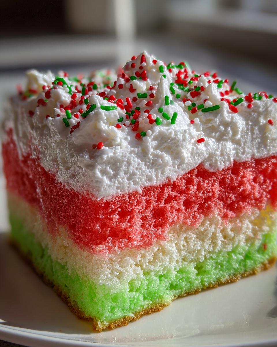 Close-up of a slice of christmas poke cake showing red, white, and green layers topped with whipped cream and holiday sprinkles.