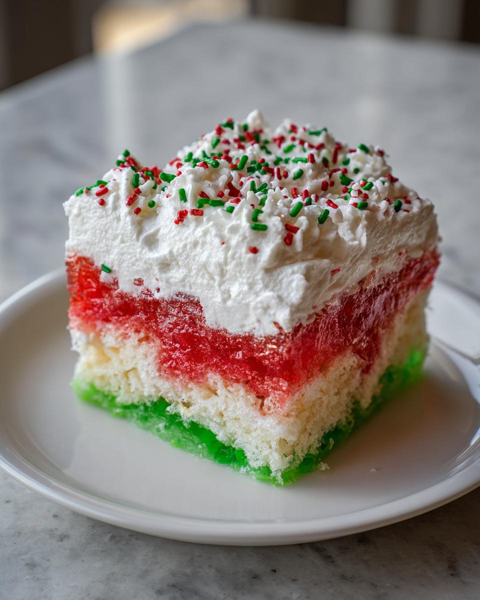 A square slice of christmas poke cake showing layers of green, white, and red gelatin, topped with whipped cream and holiday sprinkles.