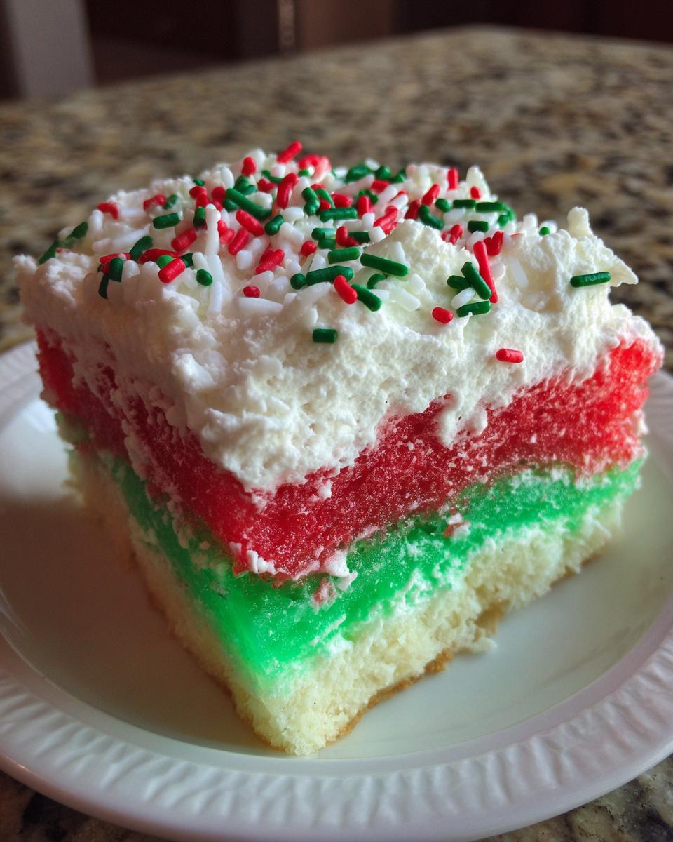 A slice of festive christmas poke cake showing layers of white cake, green gelatin, red gelatin, and white whipped topping with sprinkles.