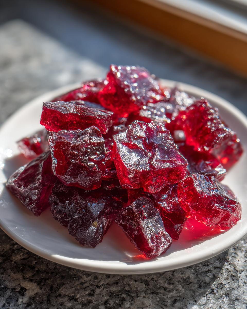Close-up of sparkling, deep red, broken pieces of homemade cinnamon rock candy piled on a white plate.