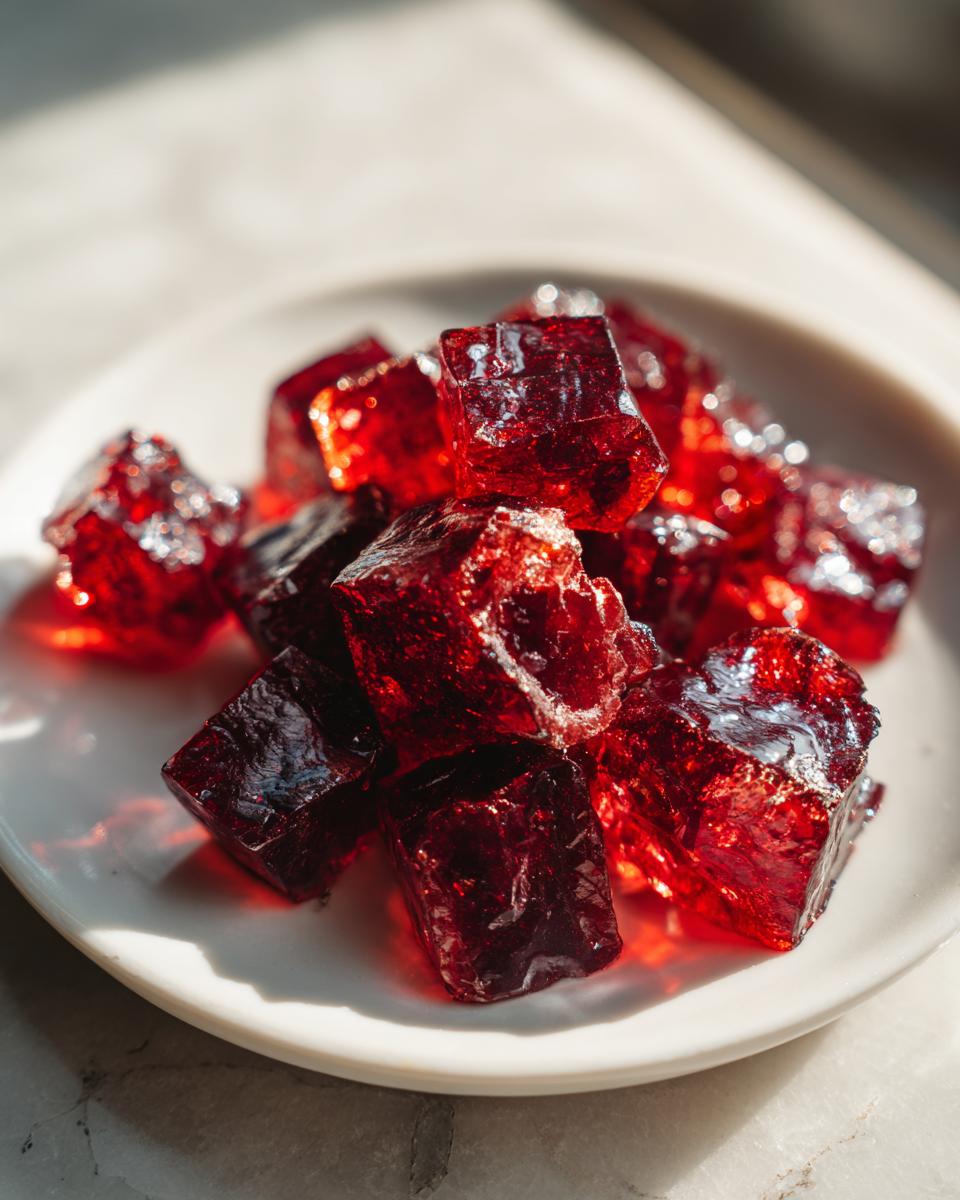 Close-up of deep red, crystalline chunks of homemade cinnamon rock candy piled on a small white plate.