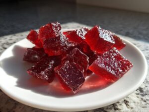 Close-up of sparkling, deep red chunks of homemade cinnamon rock candy served on a small white saucer.