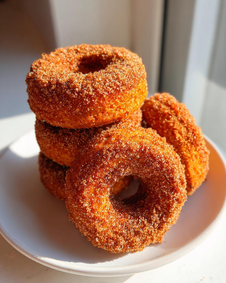 A stack of moist baked pumpkin donuts coated generously in cinnamon sugar, resting on a white plate.