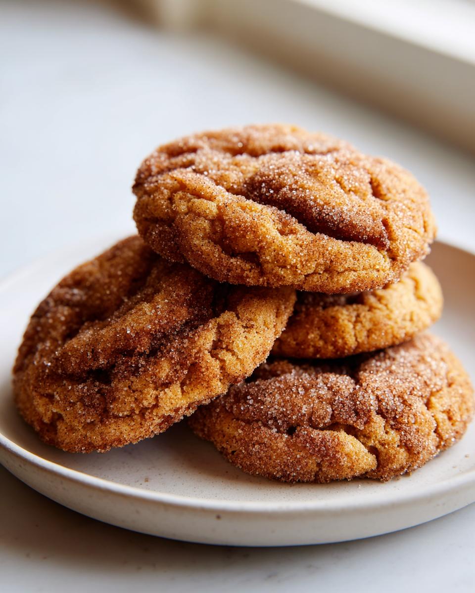 A stack of four soft, crinkled coffee cake cookies coated generously in cinnamon sugar.