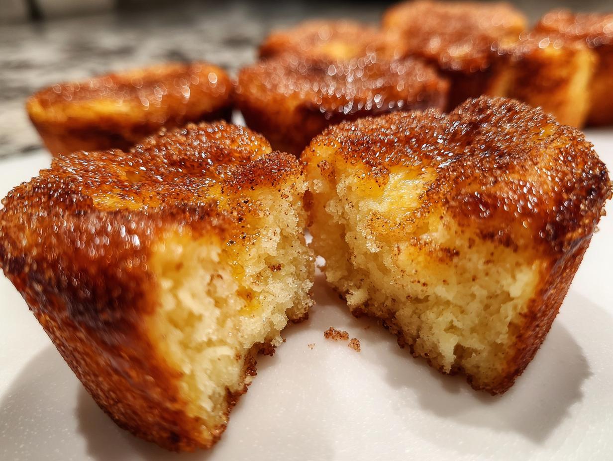 A close-up of a cinnamon sugar french toast muffins cut in half showing the fluffy interior and caramelized topping.