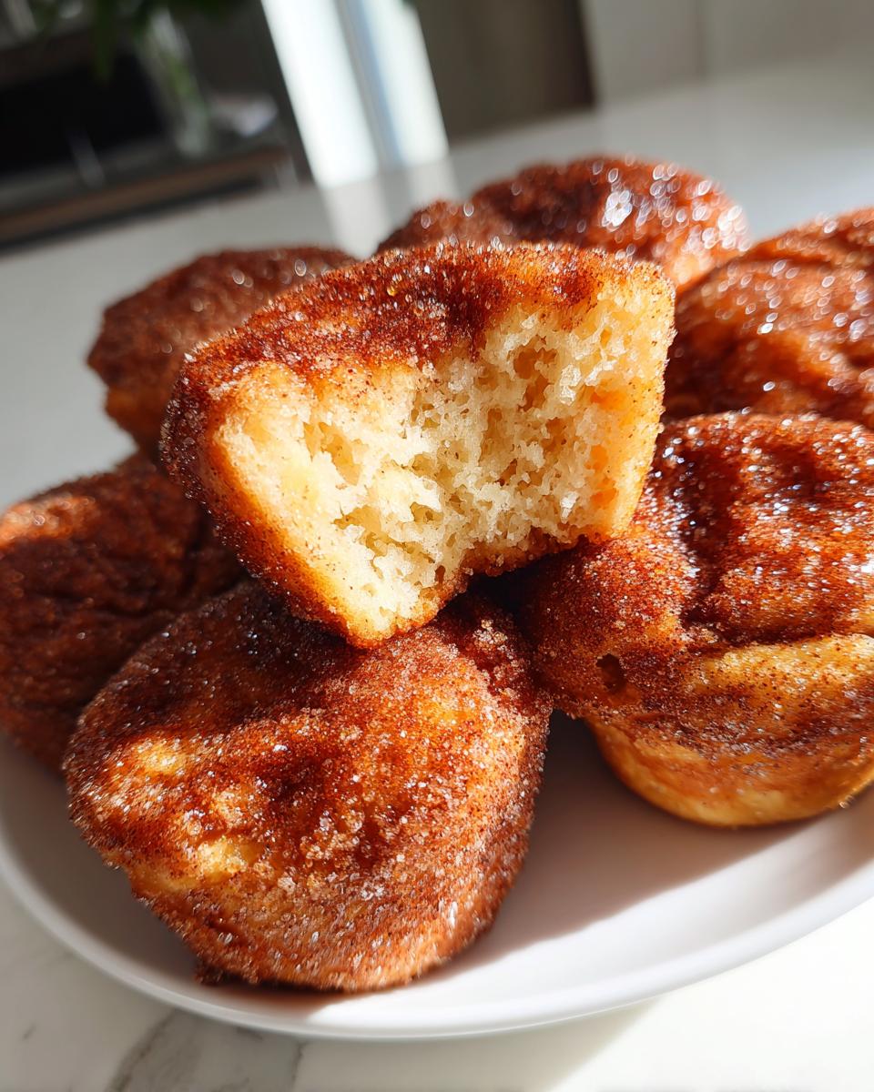 Close-up of fluffy cinnamon sugar french toast muffins, one broken open to show the soft interior texture.