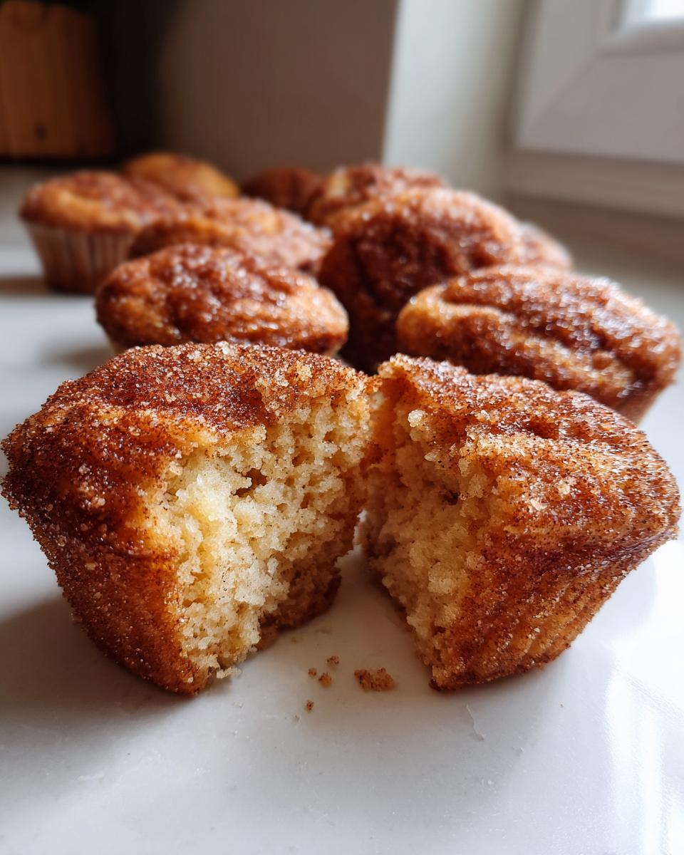 A cinnamon sugar french toast muffin cut in half showing its fluffy interior texture.
