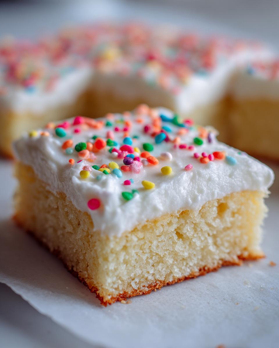 A close-up shot of a square piece of soft, baked sugar cookie bars topped with thick white frosting and colorful sprinkles.