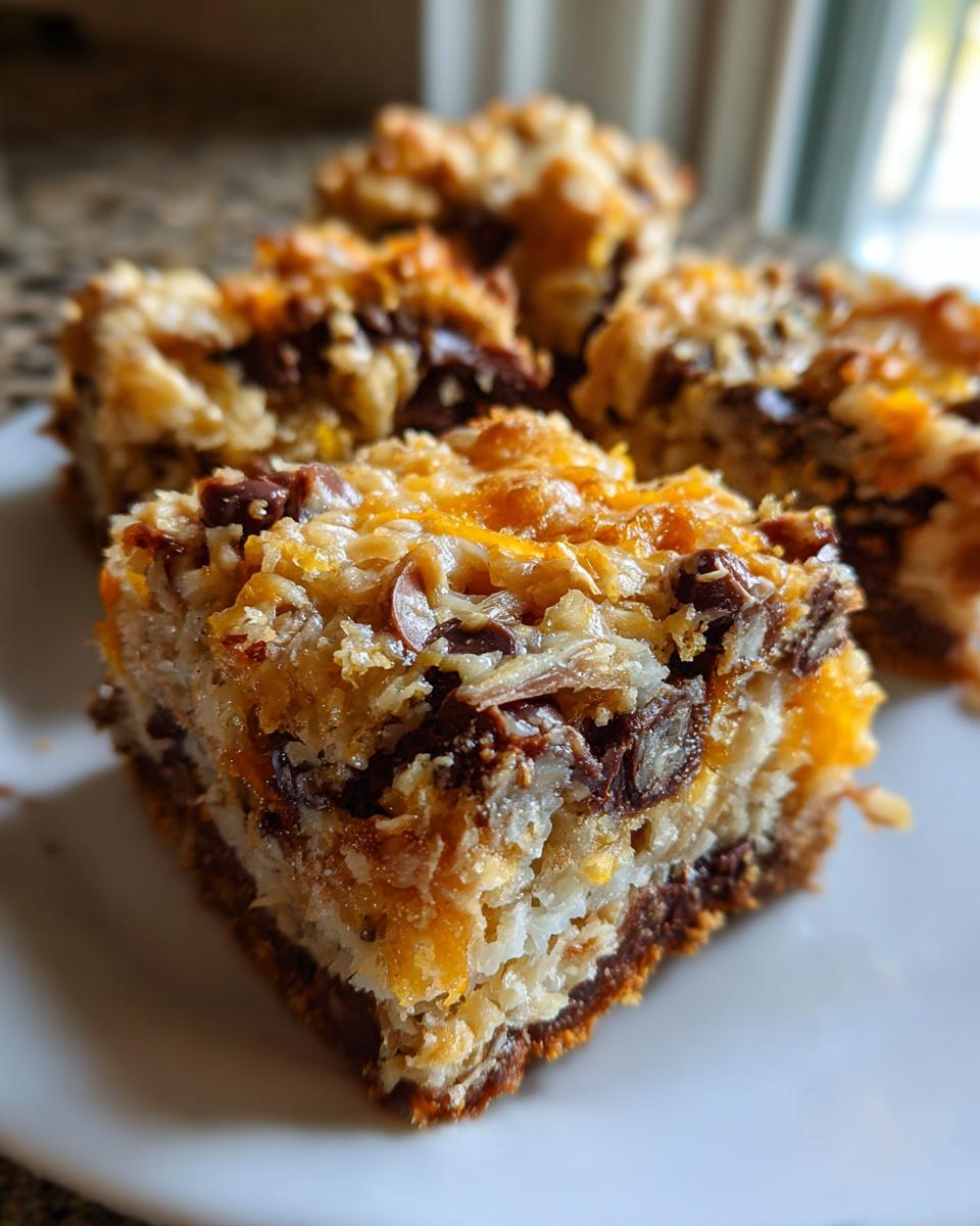 A close-up, angled view of a rich magic cookie bars square showing layers of coconut, chocolate chips, and a graham cracker crust.