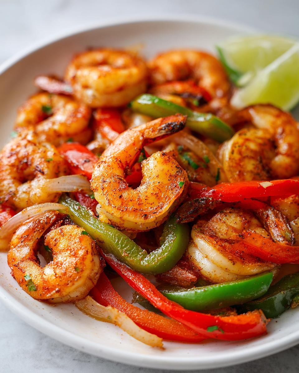 A close-up of perfectly cooked, seasoned shrimp fajitas mixed with vibrant red and green bell peppers.