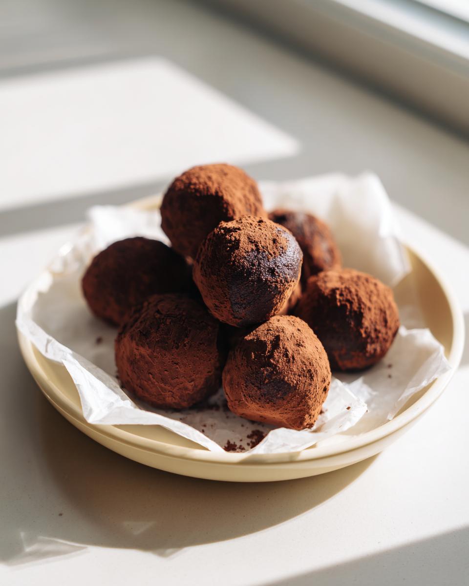 A small stack of rich, dark chocolate oreo balls heavily dusted with cocoa powder, served on a light plate.