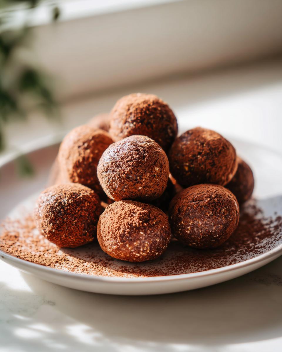 A stack of homemade, cocoa-dusted protein balls piled high on a white plate, ready to eat.