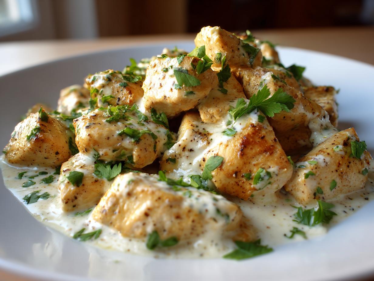 Close-up of seared chicken pieces coated in a creamy sauce and garnished with fresh parsley, representing coconut lime chicken.