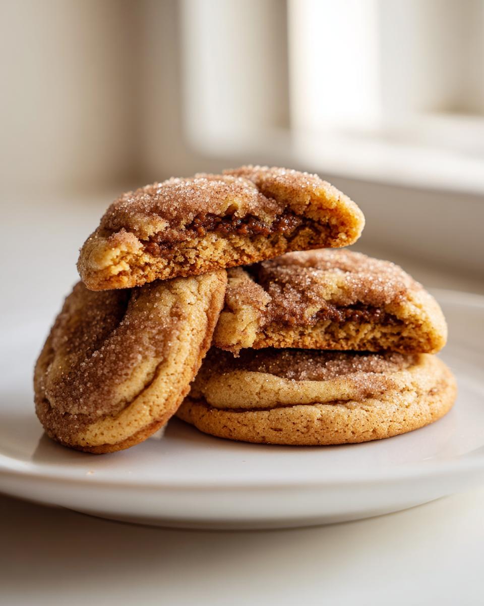 Close-up of stacked coffee cake cookies, showing the soft, cinnamon-swirled center and sugary topping.