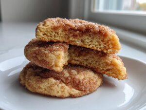 Close-up of stacked coffee cake cookies, one broken in half showing the soft, cakey interior coated in cinnamon sugar.