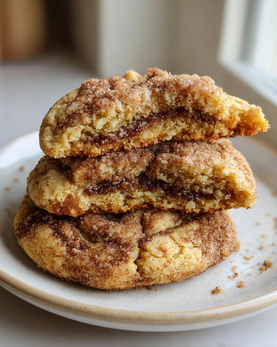 A stack of three soft coffee cake cookies, with the top one broken in half to show the gooey cinnamon swirl filling.