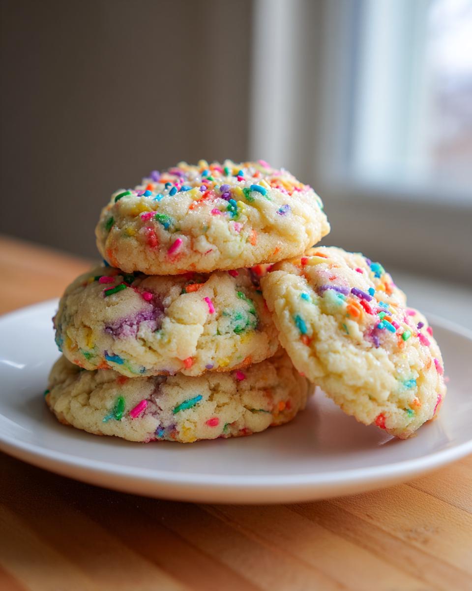 A stack of four soft, thick cake batter cookies loaded with rainbow sprinkles, resting on a white plate.