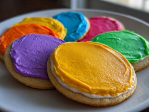 Close-up of round sugar cookies topped with vibrant, thick sugar cookie icing that hardens in yellow, purple, green, and blue.