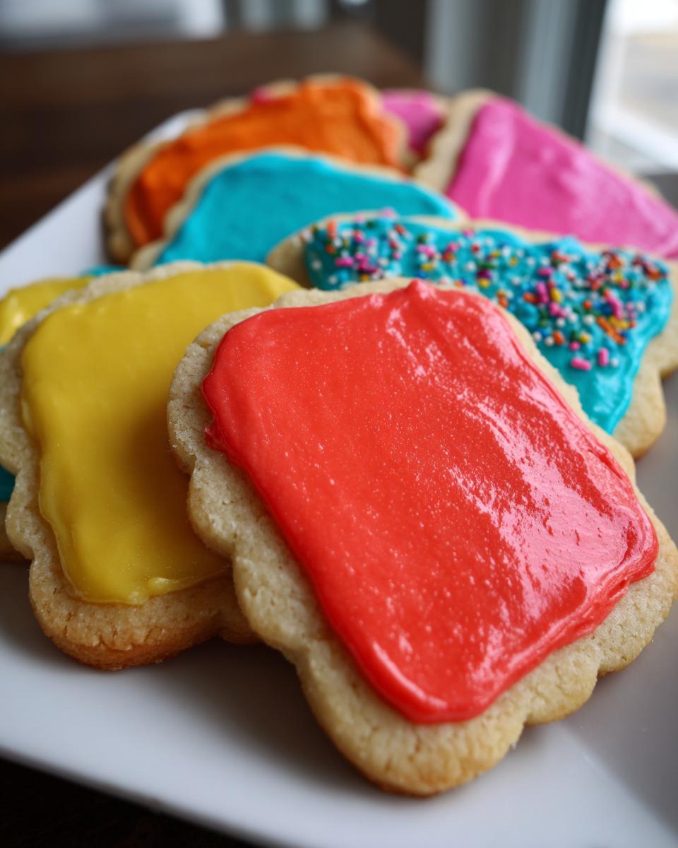 Close-up of colorful sugar cookies topped with thick, vibrant sugar cookie icing that hardens.