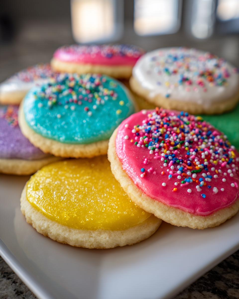 Close-up of colorful sugar cookies topped with bright icing that hardens, decorated with sprinkles.