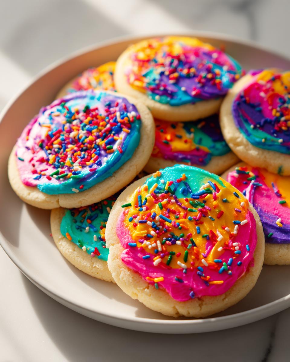 Close-up of sugar cookies topped with vibrant, multi-colored icing that hardens, covered in rainbow sprinkles.