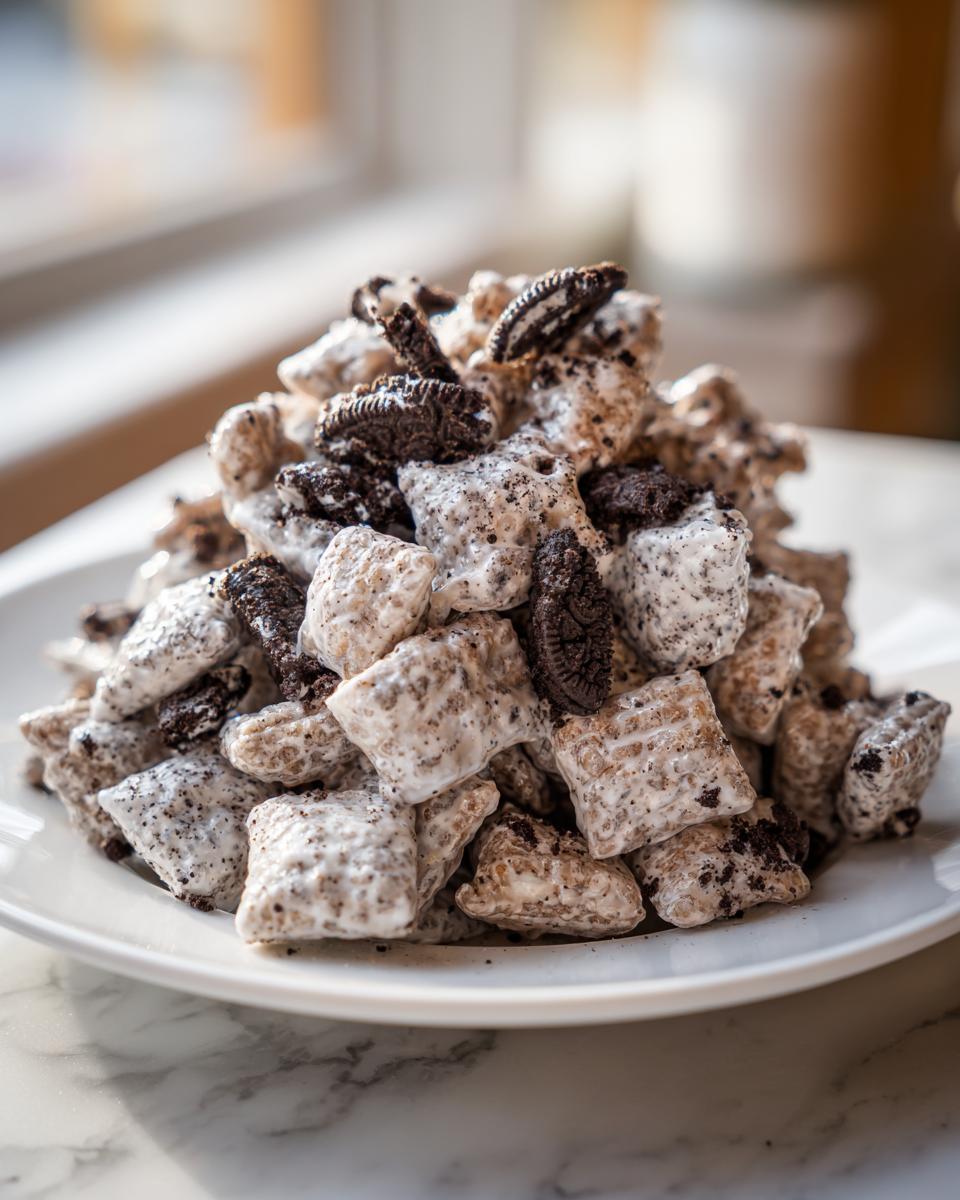 A mound of white chocolate coated cereal mixed with crushed cookies, known as cookies and cream puppy chow.
