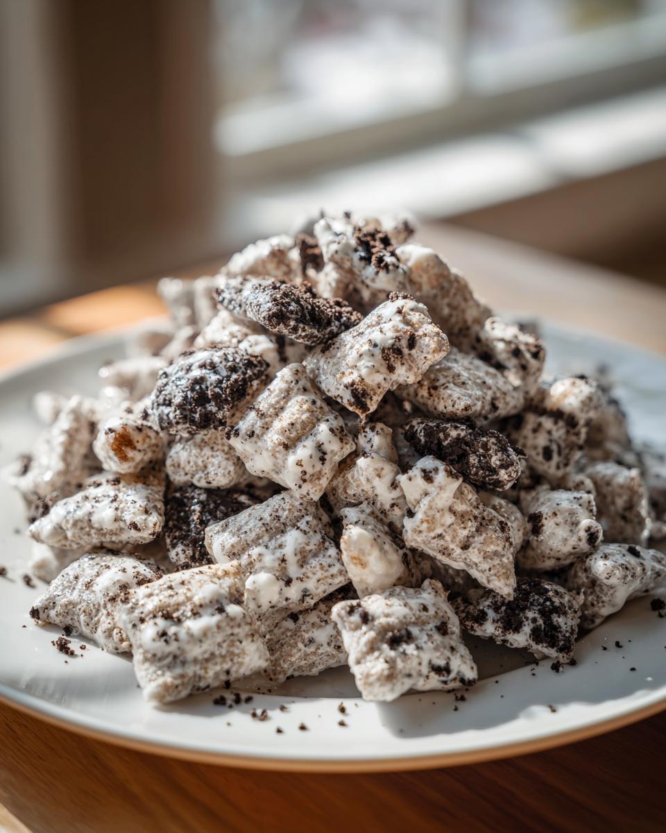 Close-up of a pile of cookies and cream puppy chow coated in white frosting and dark cookie crumbs.