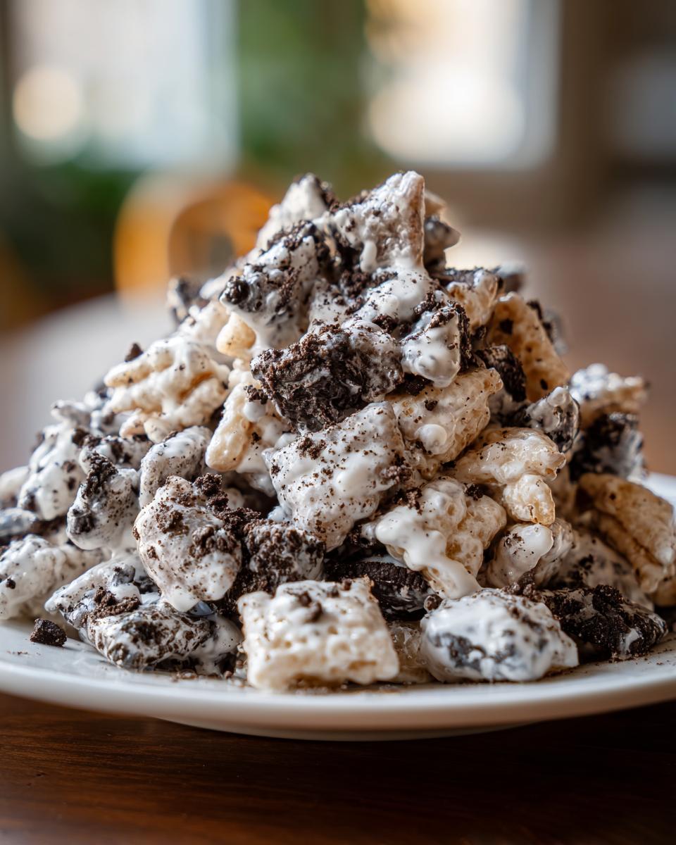 A mound of homemade cookies and cream puppy chow coated in white chocolate and crushed dark cookies.