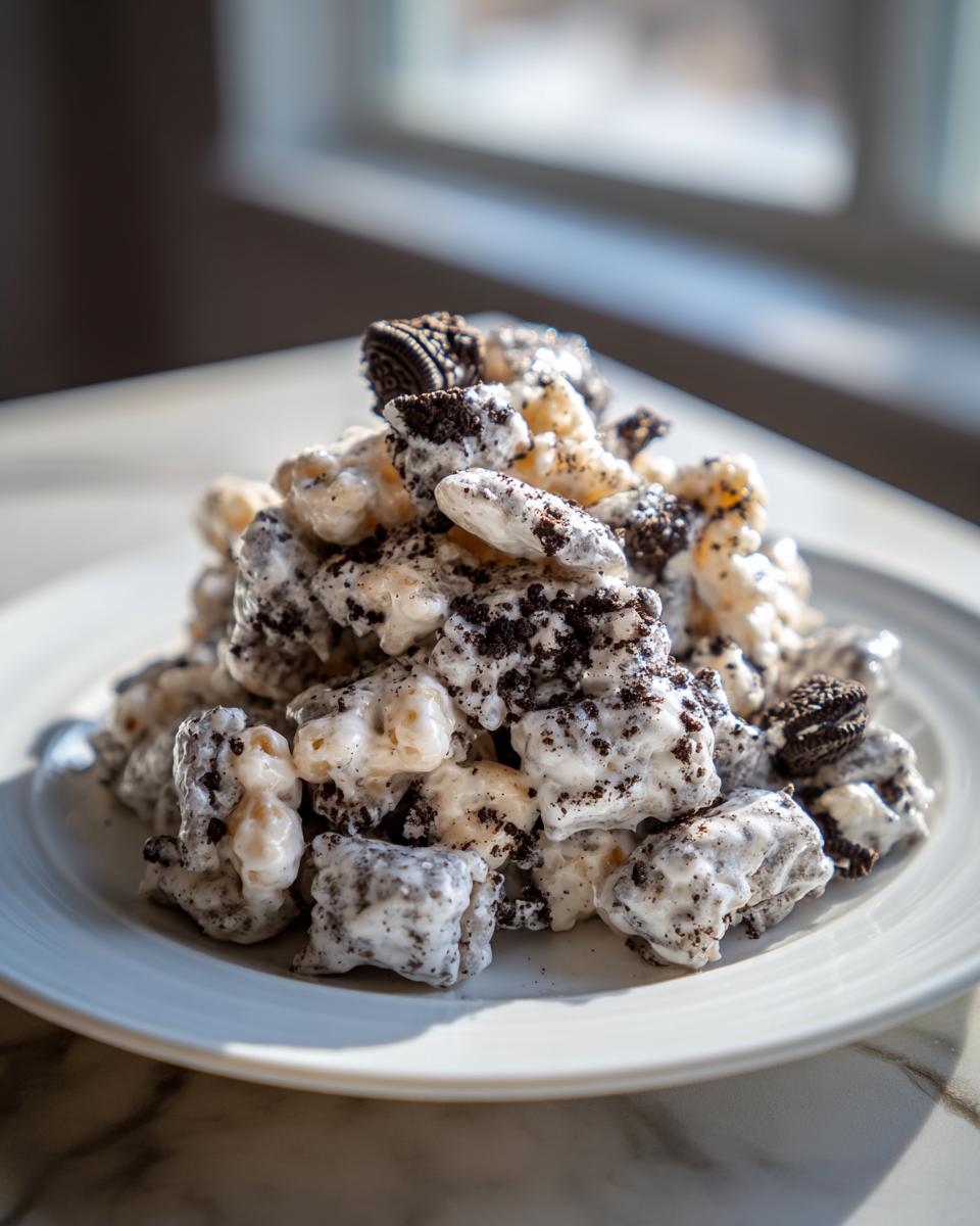 A mound of cookies and cream puppy chow coated in white chocolate and crushed Oreos on a white plate.