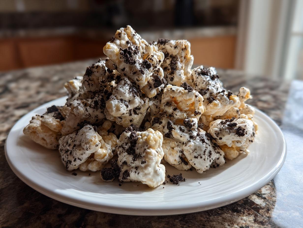 A mound of white chocolate coated popcorn mixed with crushed dark cookies, known as cookies and cream puppy chow, on a white plate.