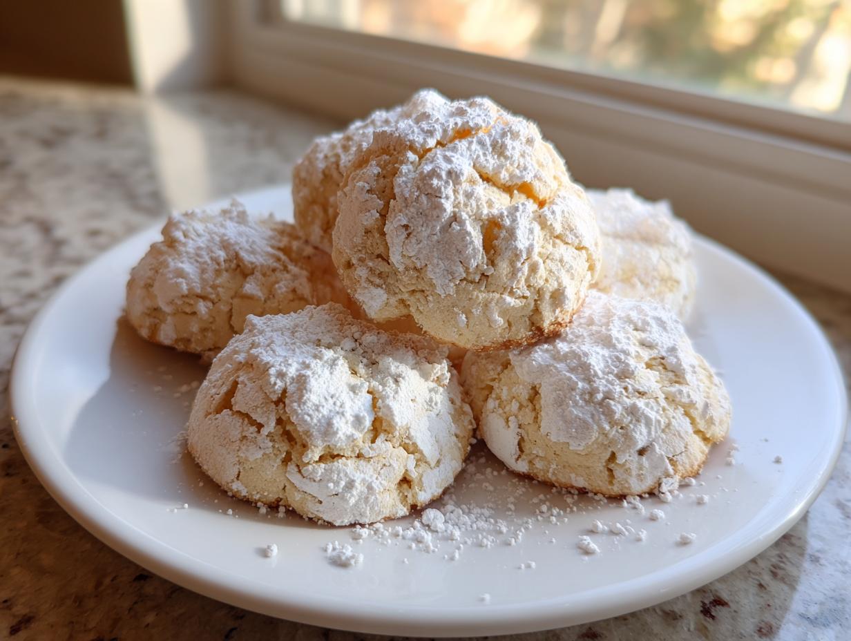 A stack of soft, crinkle-top cool whip cookies heavily dusted with powdered sugar on a white plate.