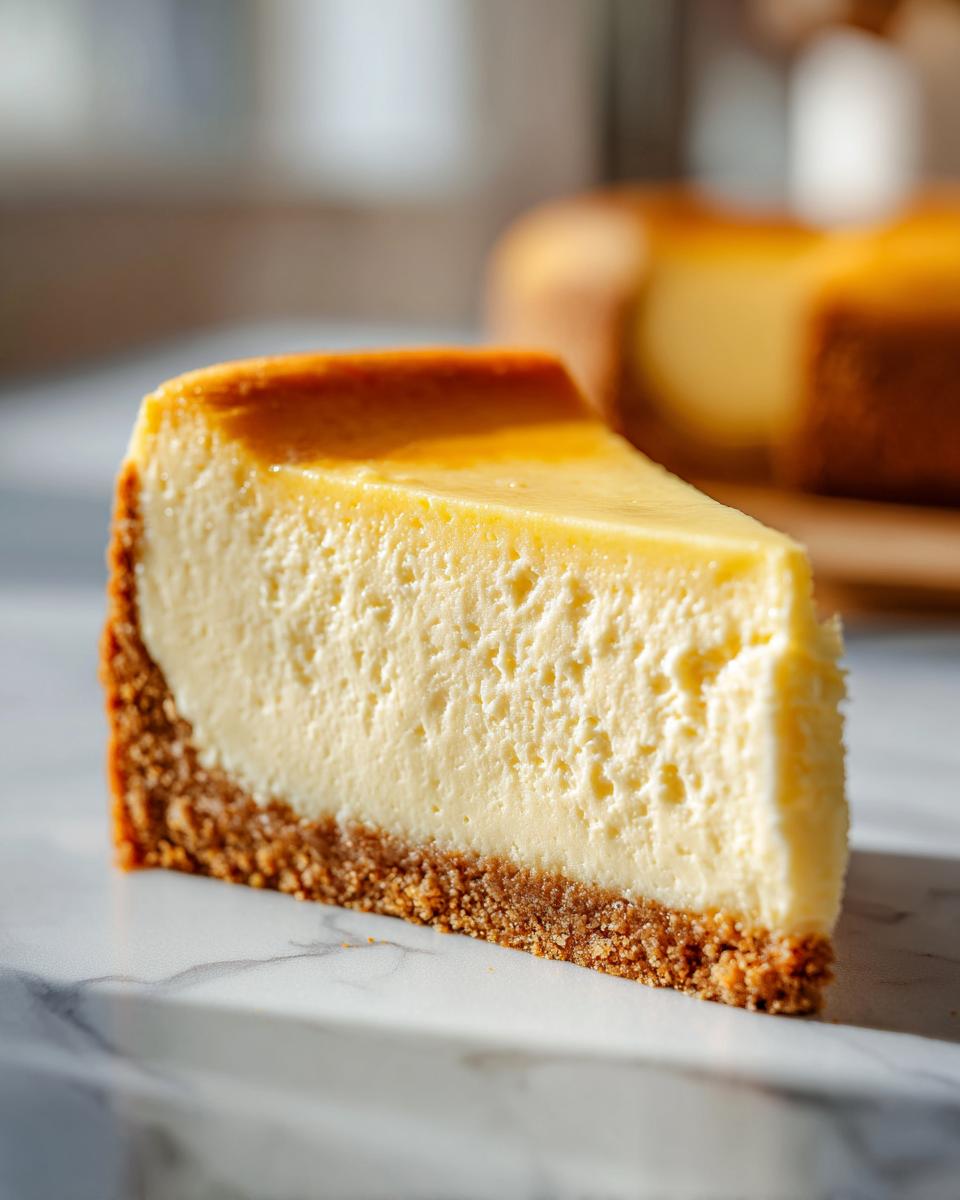 A close-up shot of a perfectly baked, crack-free slice of cheesecake with a thick graham cracker crust.