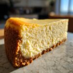A close-up, sunlit slice of a perfectly baked cheesecake recipe showing a dense, creamy filling and golden graham cracker crust.