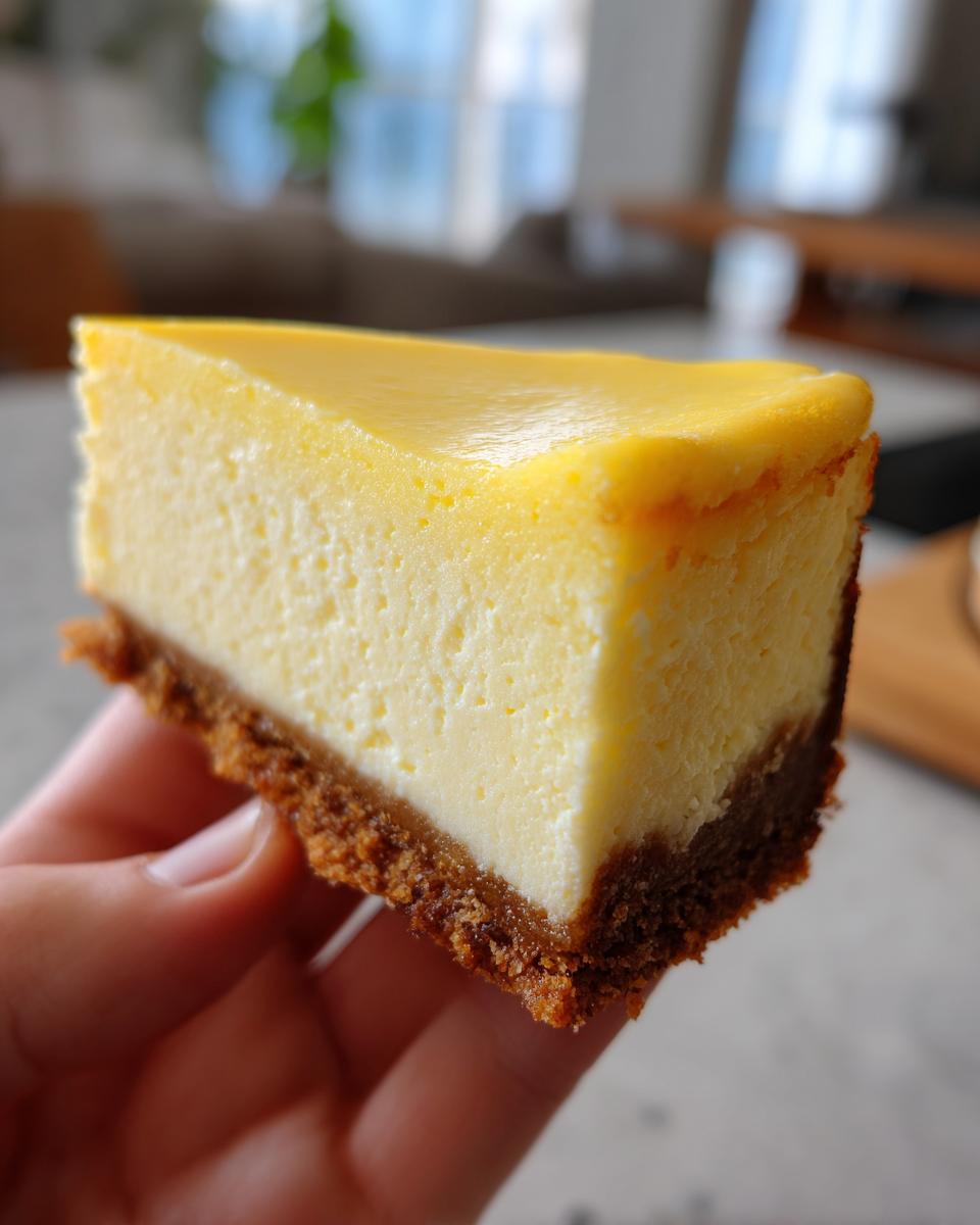 A hand holding a perfect, tall slice of creamy cheesecake recipe with a thick graham cracker crust.