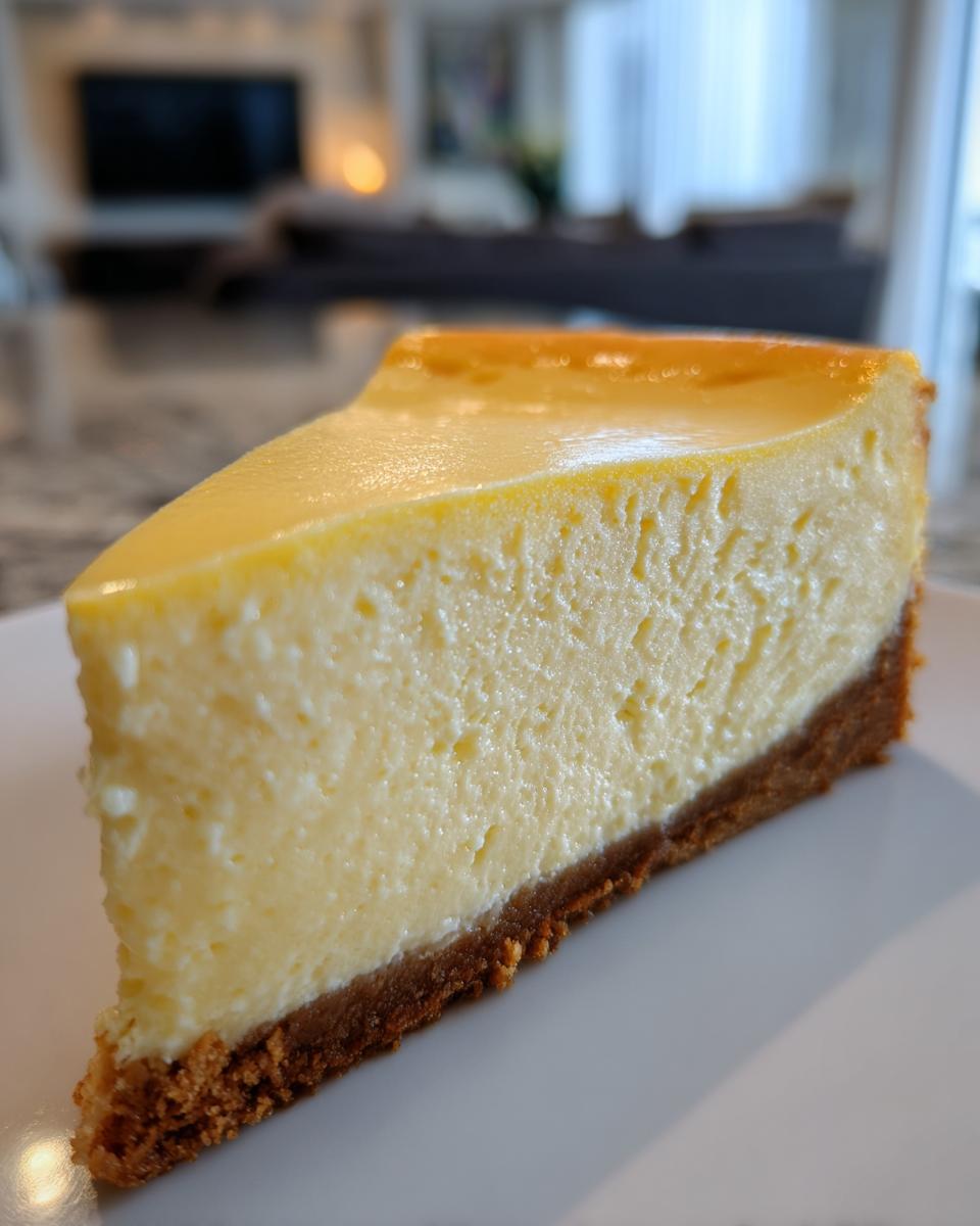 A close-up of a perfectly baked slice of creamy cheesecake recipe showing a smooth top and graham cracker crust.