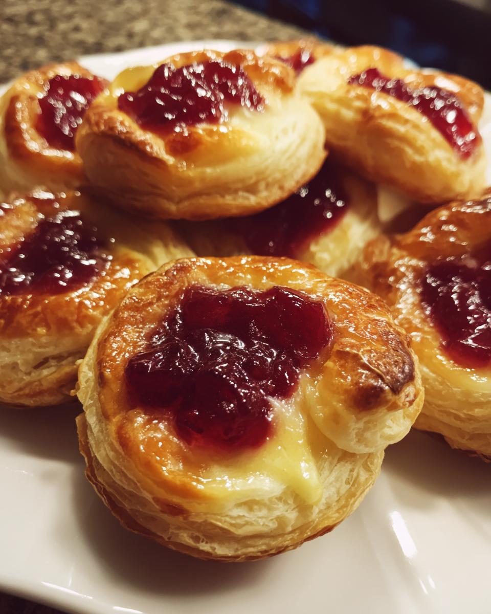 Close-up of several golden, flaky cranberry brie bites topped with dark red jam.