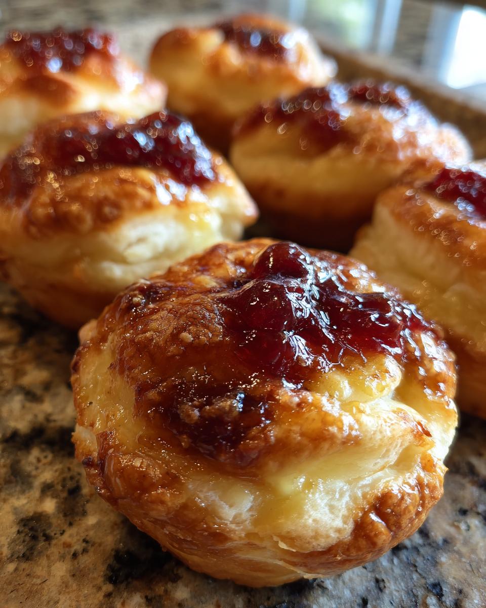 Close-up of golden, flaky pastry cups filled with melted brie and topped with glossy cranberry preserves, showing several cranberry brie bites.