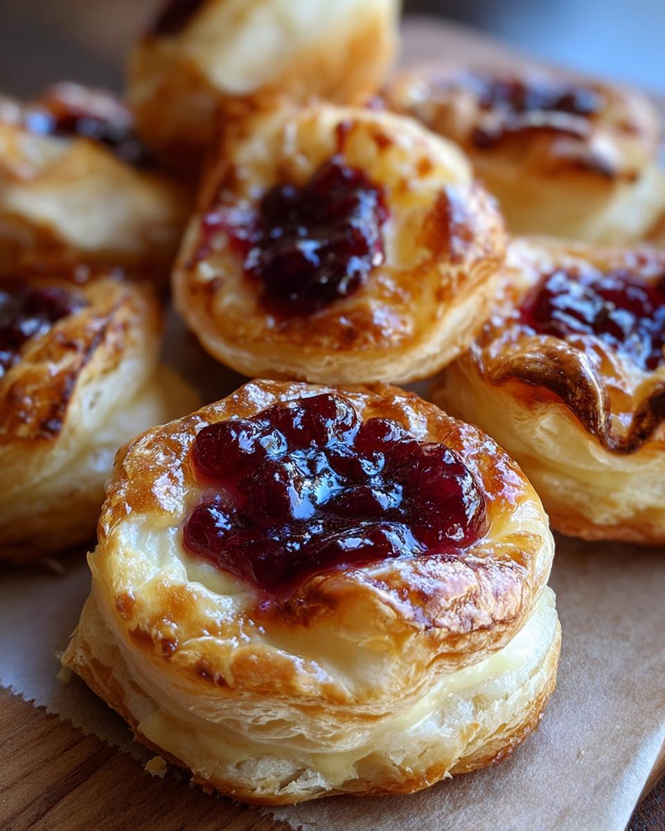 Close-up of golden baked cranberry brie bites made with flaky puff pastry and topped with glistening cranberry sauce.