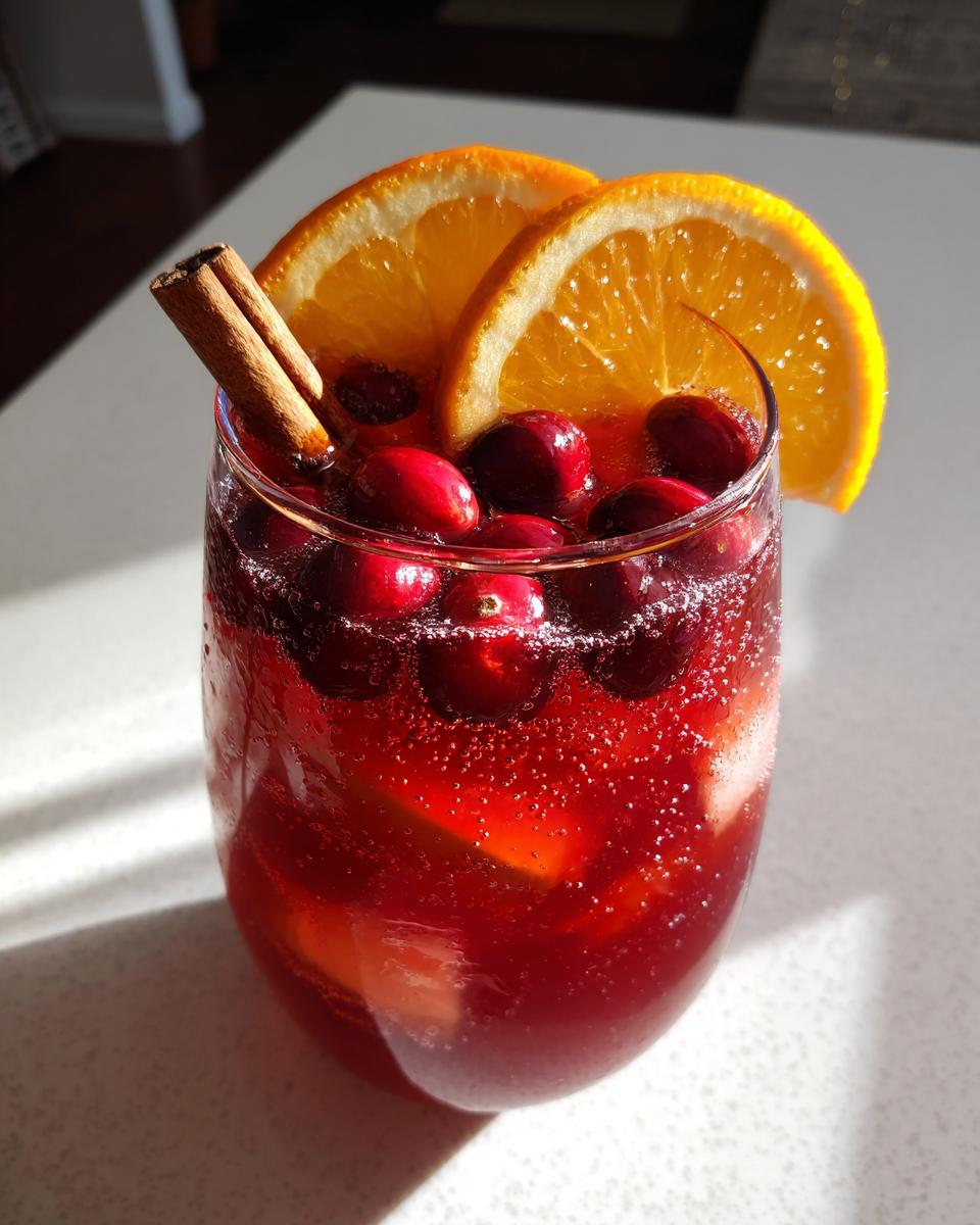 A glass filled with sparkling red thanksgiving punch garnished with fresh cranberries, orange slices, and cinnamon sticks.