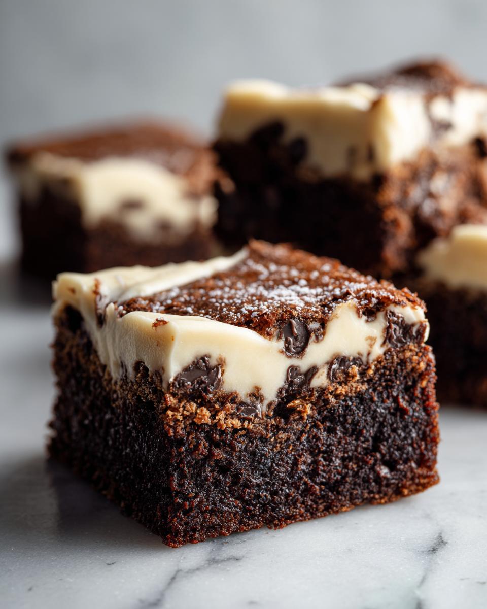 A close-up of a rich, dark gingerbread brownies square topped with cream cheese frosting and chocolate chips.