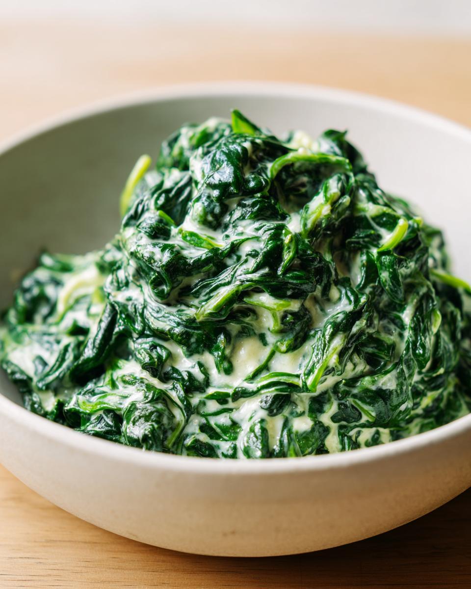 Close-up of a generous serving of rich, green creamed spinach recipe in a light-colored bowl.