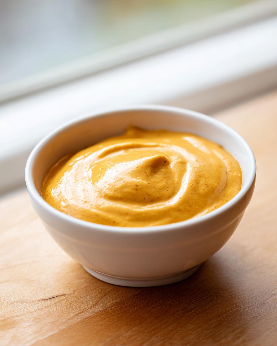 Close-up of rich, orange beer cheese dip swirled in a small white bowl on a wooden surface.