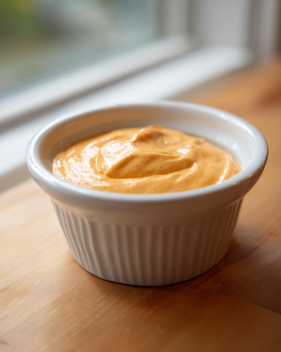 A close-up of smooth, orange beer cheese dip served in a small, white, fluted ramekin on a wooden surface.