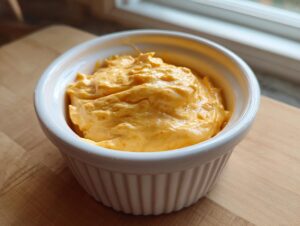 A close-up of rich, orange beer cheese dip served in a small white fluted ramekin on a wooden surface.