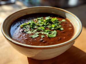 A close-up of a bowl of rich, creamy black bean soup topped generously with fresh chopped cilantro.