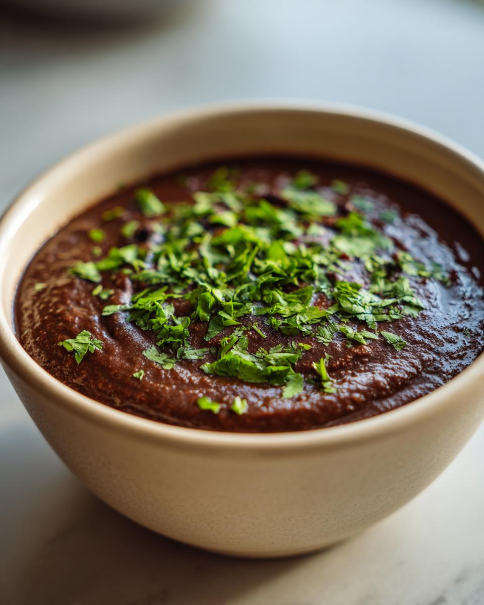 Close-up of a bowl of rich, creamy black bean soup garnished generously with chopped fresh cilantro.