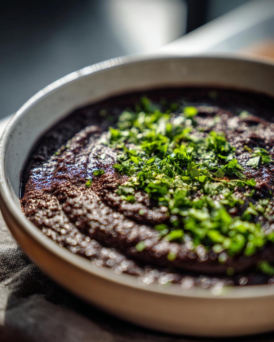 Close-up of creamy black bean soup in a bowl, garnished generously with chopped green herbs.