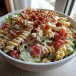 A close-up of a bowl filled with creamy blt pasta salad featuring rotini pasta, lettuce, tomatoes, and bacon crumbles.